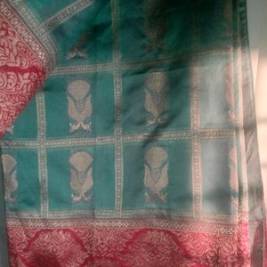 Sea Green And Red Colour Semi Pattu Saree