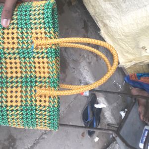 Hand Made Yellow With Green Striped Wire Bag