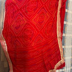 Tomato Red Bandhani Sari With gota Patti Border