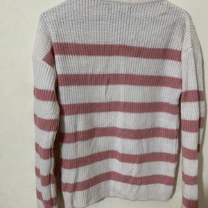 White And Pink Striped High Neck Sweater