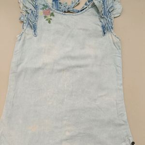 Denim Top Light Color Combination With Flower Pri