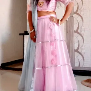 Pink And Grey Net  Lehanga Choli