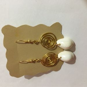 Gold Spiral With Shell Dangling Earrings