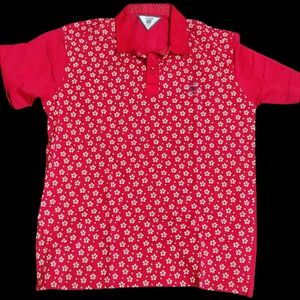 Printed Red T-shirt with Polo Neck