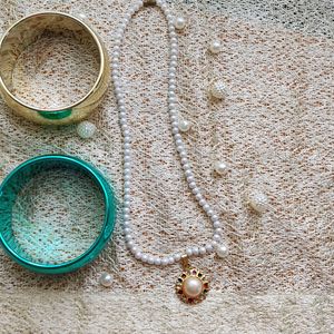 Partywear Pearl Set +Gold N Teal Color Bangles