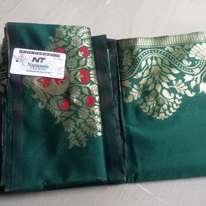 Green Flower Design Soft Lichi Silk Saree