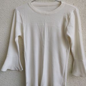 White Ribbed Top With Bell Sleeves