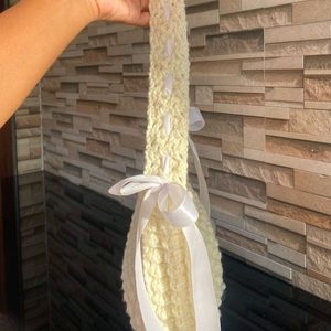 Crochet Cream Popcorn Ribbon Bag