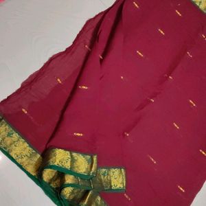 Maroon Colour Cotton Linen Pattu Saree