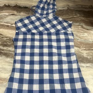 Blue & White Pure Cotton Check Sleeveless Shirt