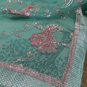 Light Sea Green Pink-embroidery Sari