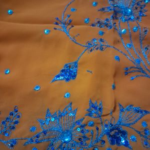 NEW Orange Saree With Blue Work