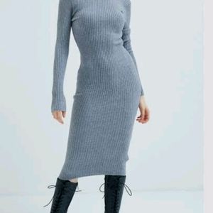 Grey Mock Neck Long Ribb Bodycon