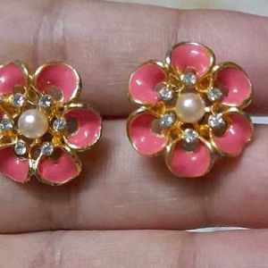 Pinkish Peach Flower Studs with Pearl and Stones