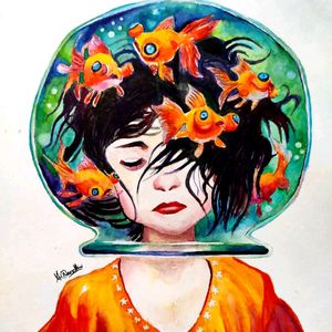 Abstract Painting - Girl Head In Fish Tank