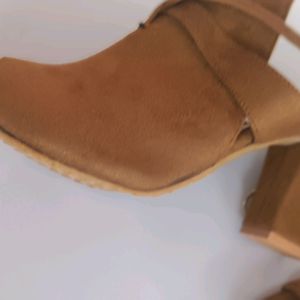 Tan Color Block Heel Open Toe Boots