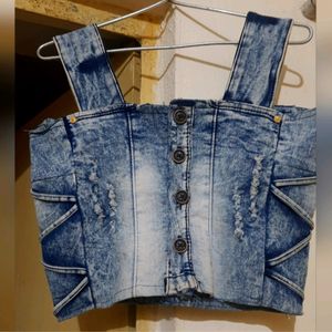 cut sleeves women denim crop top with front buttons and back pocket design.Original denim quality.height 17inch stretchable fabric.