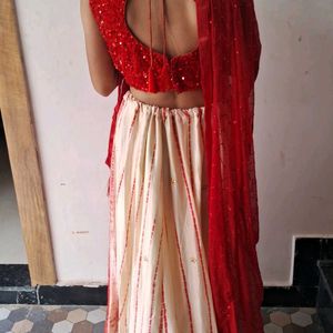 Red Velvet Backless Blouse Or Lehenga with Dupatta