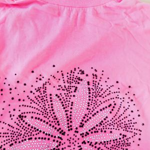 Pink Turtle Neck Top With Rhinestone Floral design