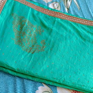 Heavy Stone Work Green Saree