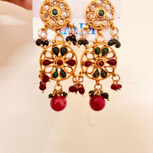 Best Quality Kundan On brass earrings, maroon, green and white colour, combo Jaipuri style earrings