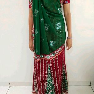 Green And Red Heavy Sequence Work Saree