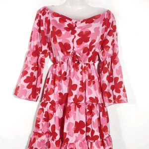 Pink And Red Printed Western Dress(Women)