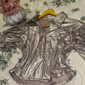 METALLIC GREY PUFF SLEEVE TOP FOR PARTIES