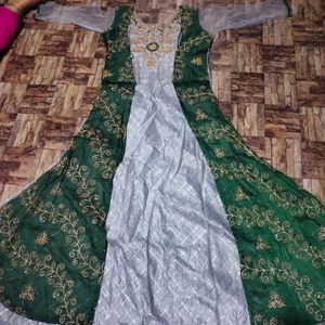 Fully Flared Green And Grey Color Gown