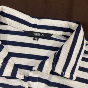 STREET 9 Blue Striped Polo Collar Cotton T.Shirt