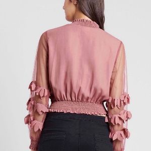 plusS Women Peach-Coloured Self Design Blouson Top