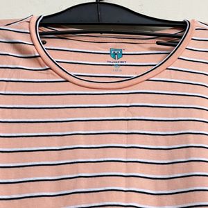 Peach Stripped Tshirt With White And Black Stripes