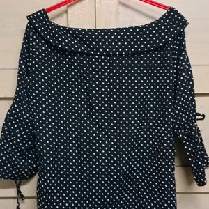 Polka Print Boat Neck Black Top