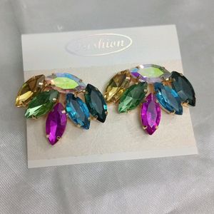 Korean Glassstone Statement Leaf Shaped Earrings