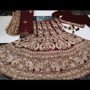 Heavy Dapka Hand Work Maroon Velve Bridal Lehnga