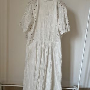 Embroidered White Linen Pleated Midi Dress