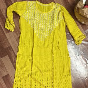 Net With Chickankari Work Kurti