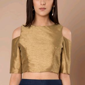 Gold Toned Silk Blend Cold Shoulder Crop Top