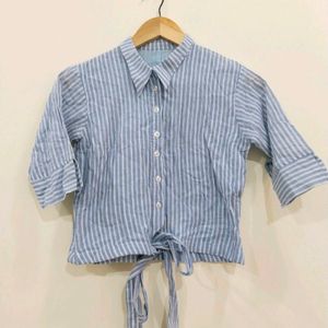 Blue White Striped Shirt Style Cotton Crop Top M