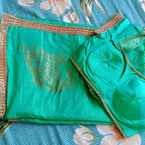 Heavy Stone Work Green Saree