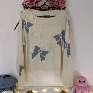 Cream Colour Bow Printed Sweater