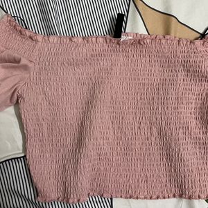 H&M pink smocked off the shoulder top