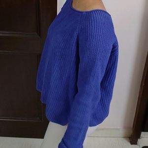 Women Blue Oversized Knited Rib Cotton Sweater