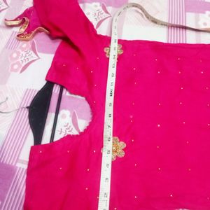 Rani Pink stitched Kurta With Pant Dupatta Sets.