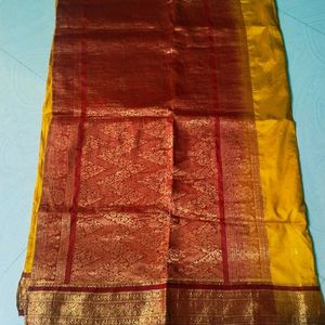 Yellow N Red Colour Pure Gadwal Saree