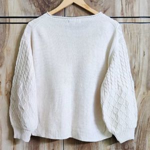 Cream Self Design Sweater Size-36