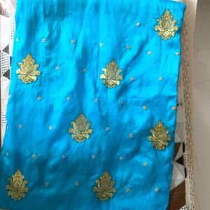 Cyan Blue  Zari Embroidery Saree  With Stone Work