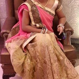 Half-half Style Golden-Pink Contrast Saree