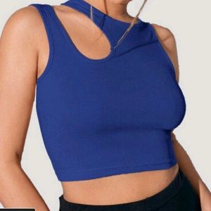 Shoulder Cut Dark Blue Crop Top