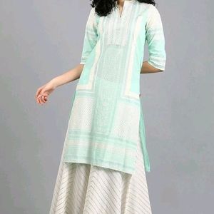 W Brand Blue Mandarin Neck Printed Kurta